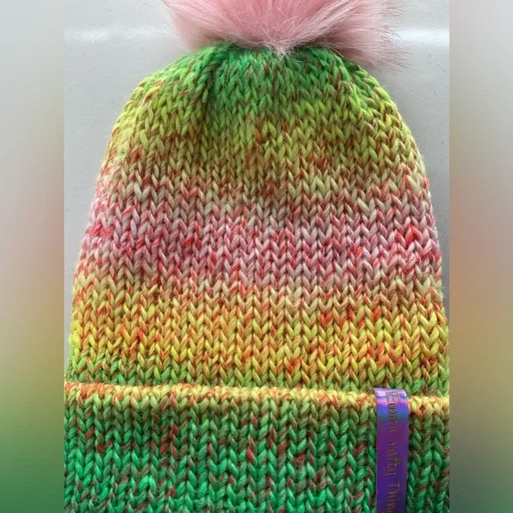 NWT Beanie w/Brim and PomPom, Green, Yellow, Pink, Double Fabric, Teen/Sm Adult - Picture 3 of 9